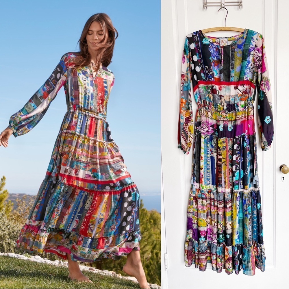 Johnny Was • Sonnet Dixie Silk Maxi Dress patchwork floral mixed print bohemian